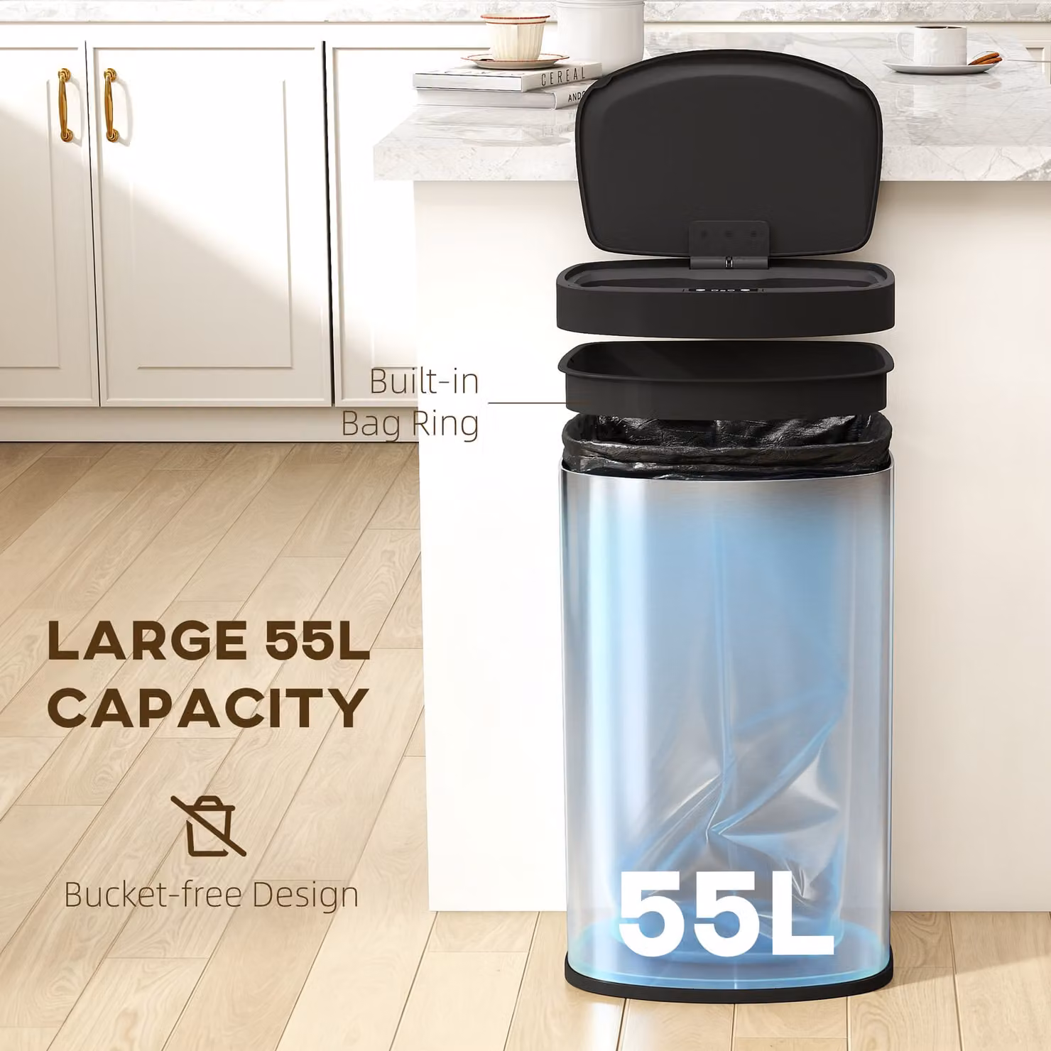 HOMCOM 55L Sensor Bin with Soft-Close Lid and Fingerprint Resistant Stainless Steel in Silver Tone – 5