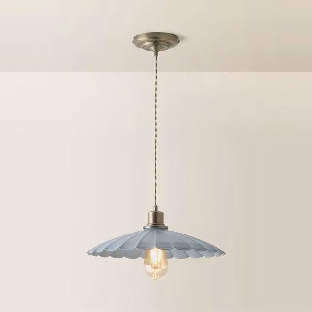 ValueLights Holborn Scallop Pendant Ceiling Light with Bulb, Blue and Grey with Gold/Brass Metal Finish