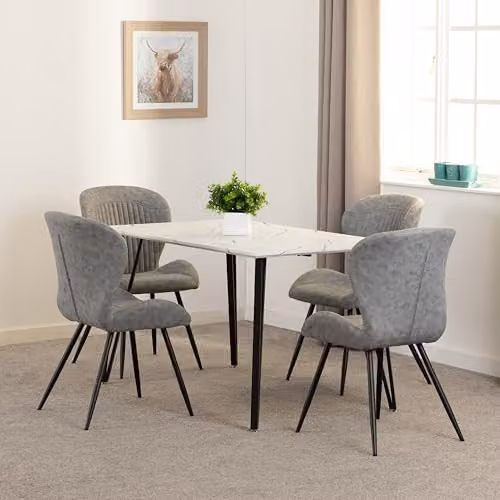 Seconique Marlow Dining Set with Quebec Chairs in White Marble Effect and Grey