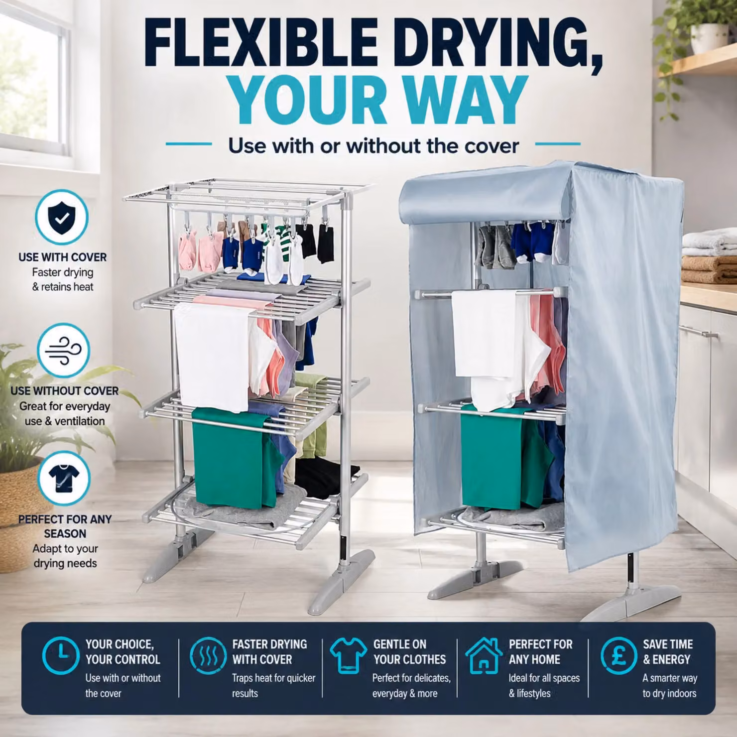 Glamhaus Digital Electric Heated Clothes Airer Dryer with Timer, 3 Tier Foldable Metal Rack, Grey – 4