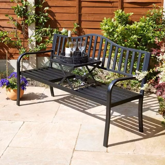 Home Source Valletta Matt Black Metal Outdoor Garden Loveseat Bench