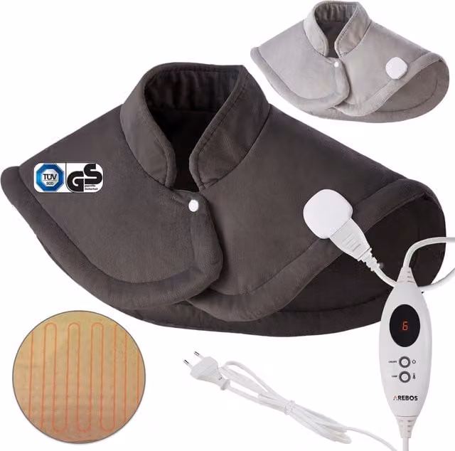 AREBOS Electric Heating Pad for Shoulders, Neck and Back in Anthracite Grey with Fleece Cover and Auto Shut-Off