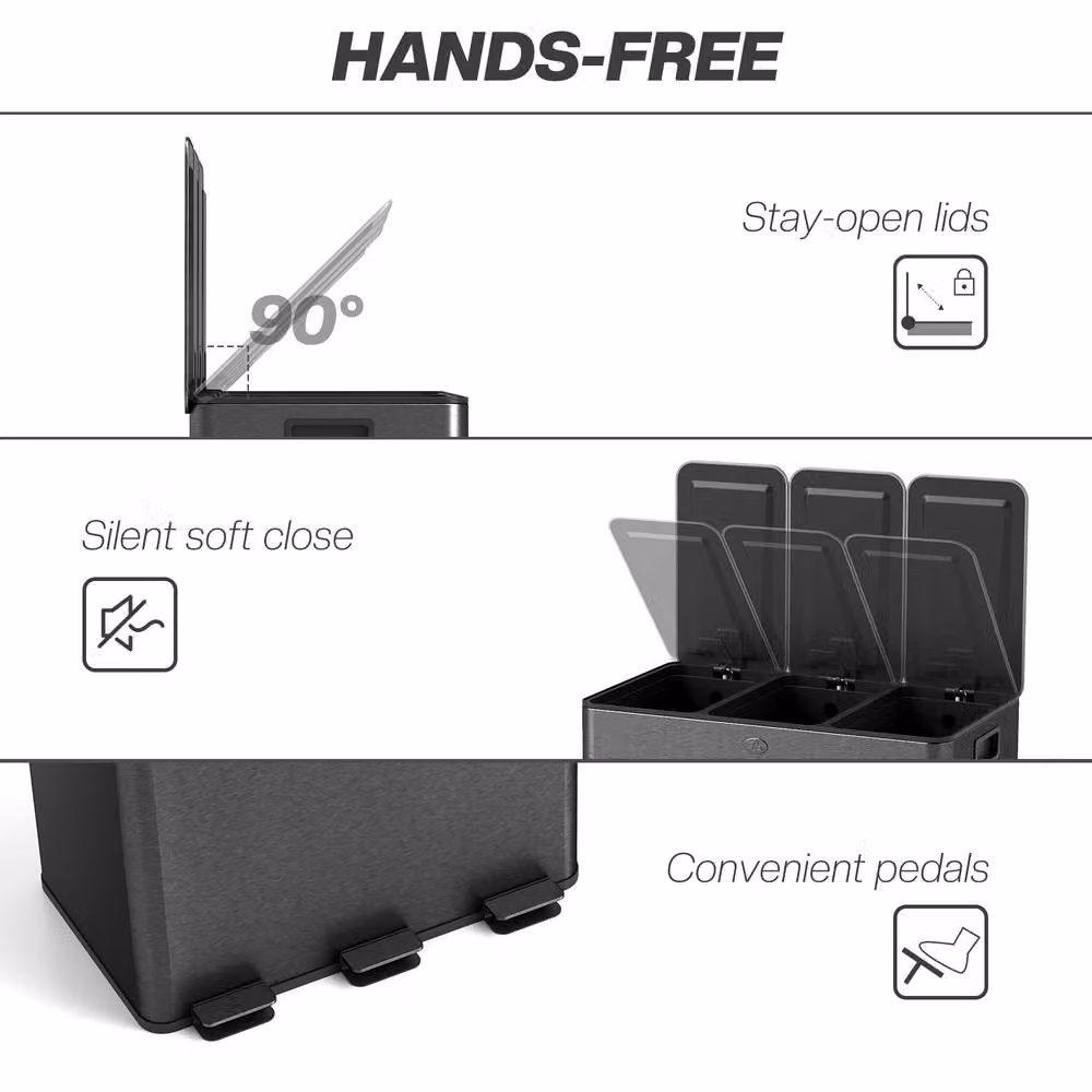STILVORA Triple Pedal Bin, 3 x 20L, Black Stainless Steel with Soft Close and Odour Filter – 6