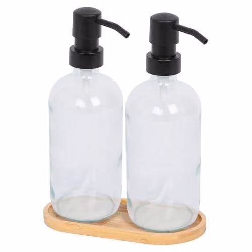 Harbour Housewares 2 Piece Clear Glass Soap Dispenser Set with Bamboo Tray and Black Pumps, 500ml – 1