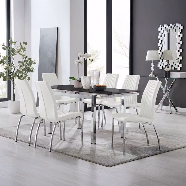 Furniturebox Enna Black Glass Extending Rectangular Dining Table and 6 White Isco Chairs