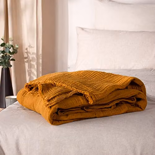 Riva Home Cotton Muslin Woven Throw with Fringes in Brown and Orange, W/D/H: 240 x 260 cm – 4