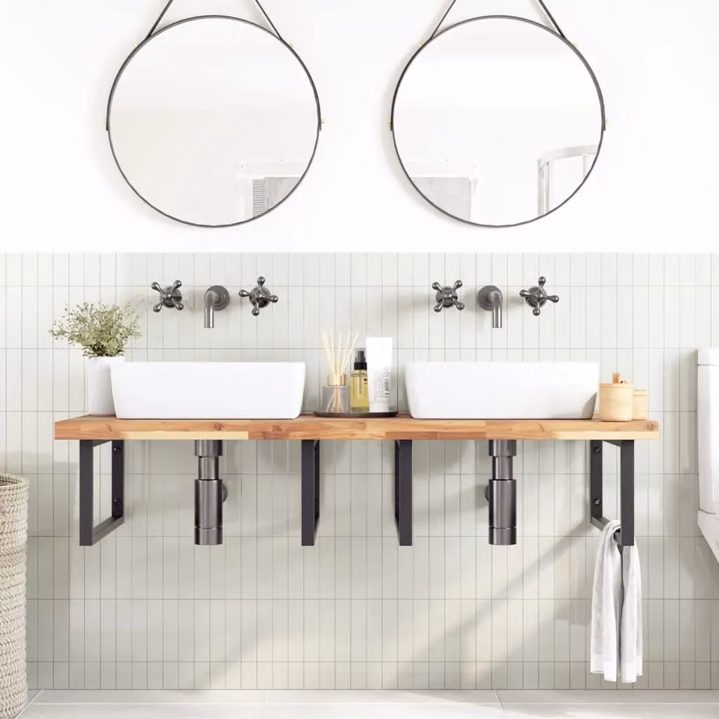 Berkfield Home Wall Mounted Basin Shelf in Brown Acacia Wood and Steel – 2