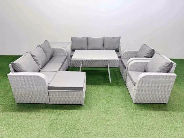 Fimous Rattan Lounge Sofa Set in Light Grey with 3-Seater Sofa, Armchairs, Ottoman and Side Table
