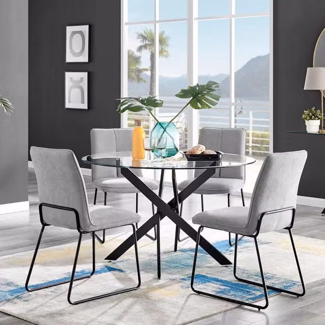 FurnitureboxUK Novara Round Glass Dining Table with 4 Halle Chairs in Black and Light Grey, Diameter: 120 cm