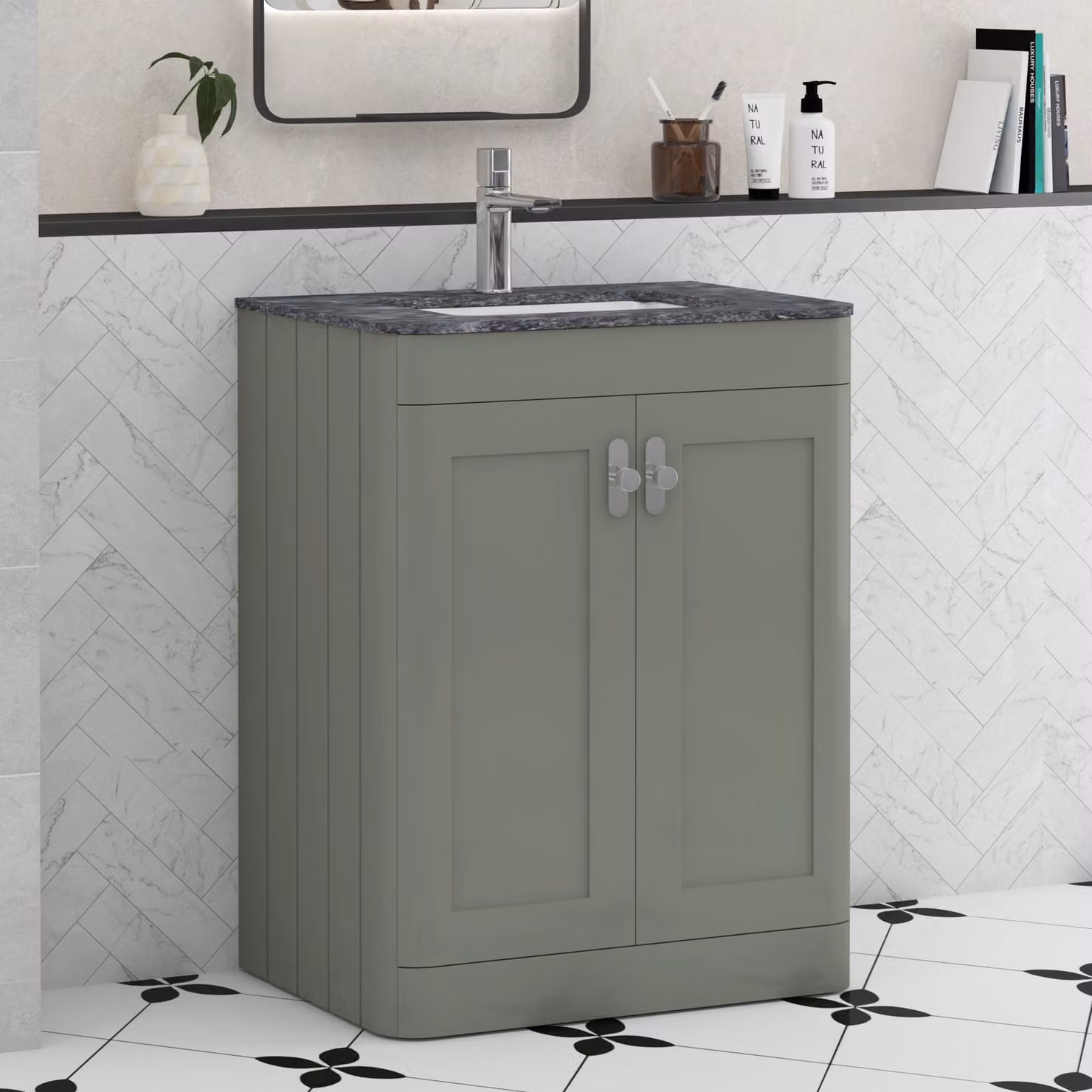 Royal Bathrooms Henley 600mm Sage Green Floor Standing 2 Door Bathroom Vanity Unit with Black Stone Top and Chrome Knob