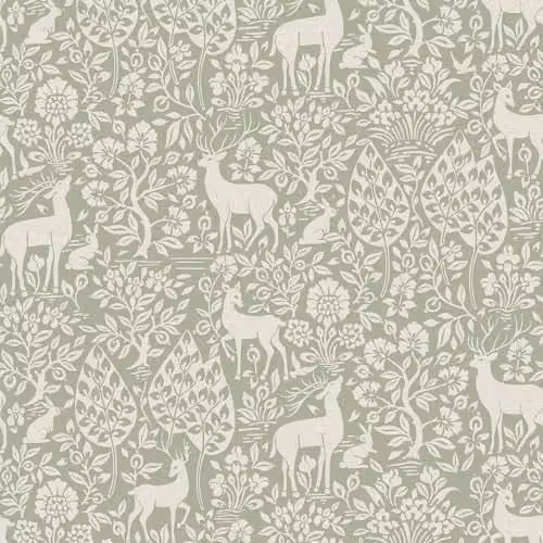 Holden Decor Deer and Woodland Themed Arts and Crafts Style Wallpaper in Sage Green