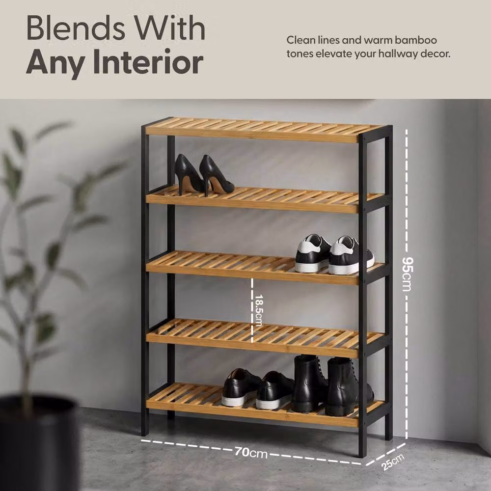 Keplin 5-Tier Bamboo Shoe Rack, Natural Wood Organiser, W/D/H: 95 x 70 x 24.5 cm – 2