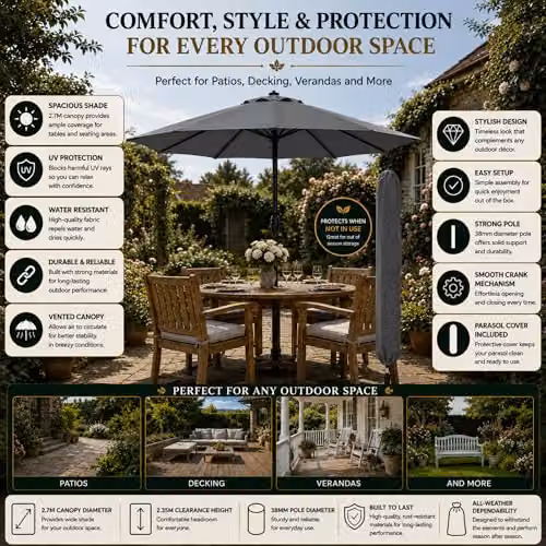 GlamHaus Garden Parasol Umbrella with UPF 40 Protection and Cover, Grey Steel and Polyester – 3