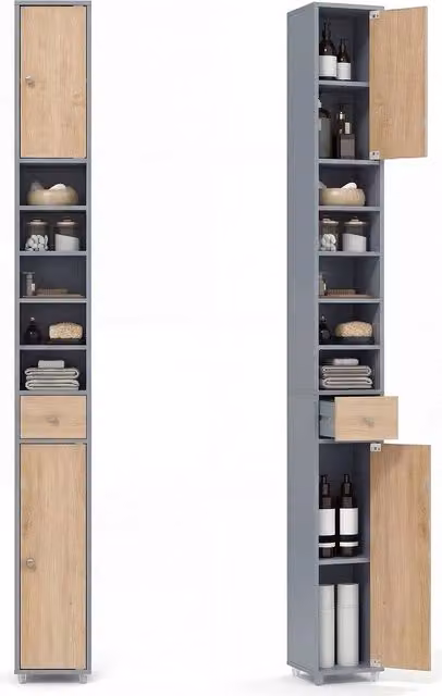 Hinsinc Slim Tall Freestanding Bathroom Storage Floor Cabinet in Grey