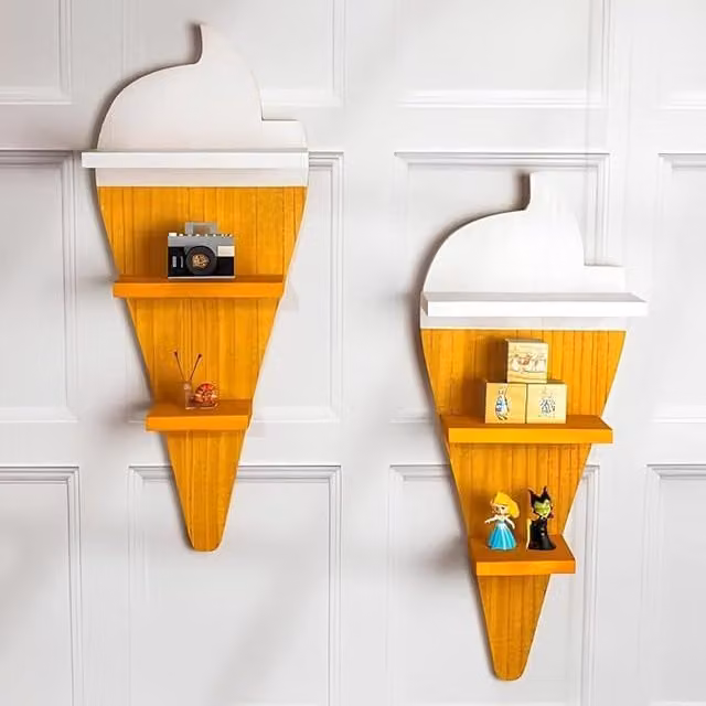 Marco Paul Set of 2 Ice Cream Floating Wall Shelves for Kids Bedroom and Nursery in Brown and Yellow