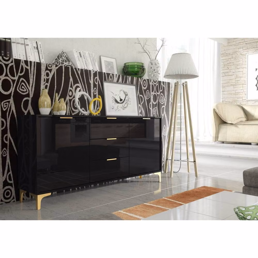 Creative Furniture Goldline Gloss Sideboard in Black and Gold, W: 140 cm, H: 80 cm, D: 35 cm – 2