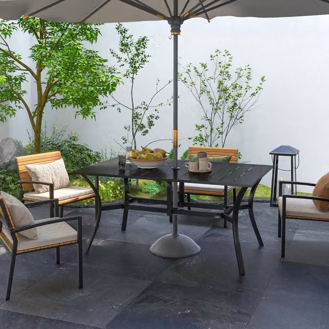 Outsunny Black Metal Garden Dining Table with Slat Tabletop for Outdoor Patios and Porches