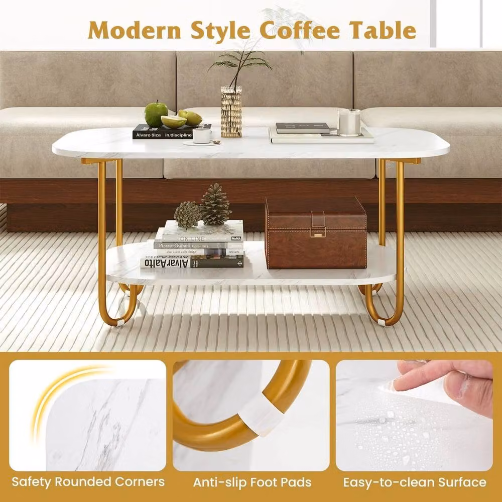 KORVIXA Modern 2-tier Square Coffee Table with White Faux Marble Top and Gold Metal Frame, W/D/H: 100 x 100 x 45 cm – 3