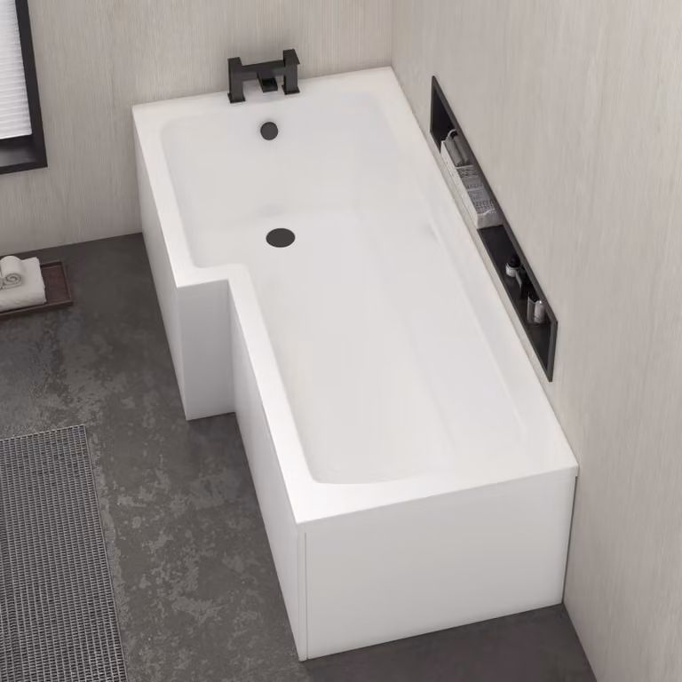 Qubix White Acrylic L-Shaped Square Corner Shower Bath with Front and End Panels W: 150 cm, D: 85 cm