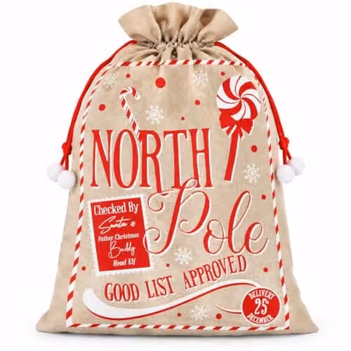 Shatchi North Pole Hessian Christmas Sack in Red, White and Beige, W: 60 cm, H: 78 cm – 1