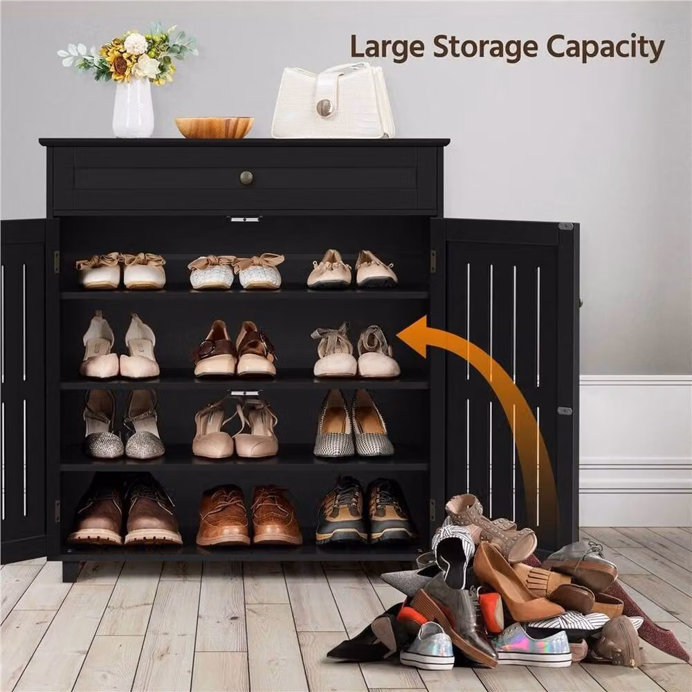 Kelvenix Black Wooden Shoe Storage Cabinet with Hinged Doors and Internal Shelves – 3