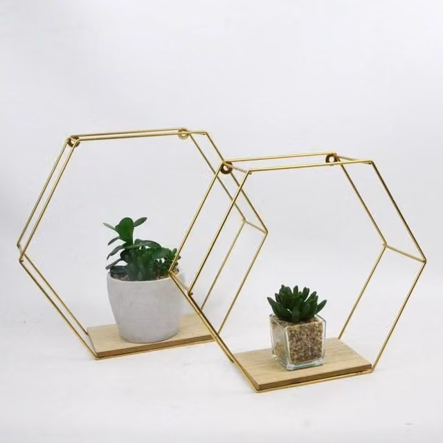 Kelvenix Set of 2 Gold Metal Wired Hexagon Wall Floating Shelves