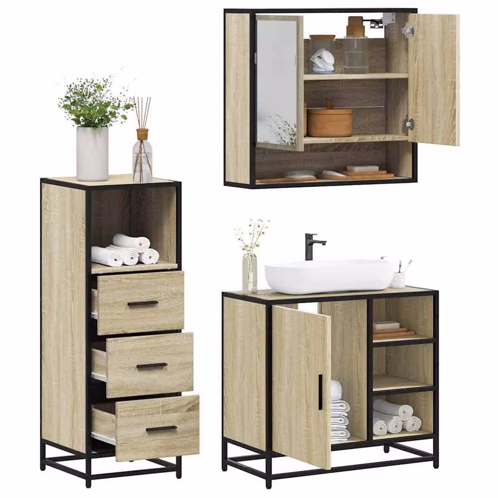 Berkfield Home 3 Piece Industrial Bathroom Furniture Set in Beige with Mirror Cabinet, Vanity Unit and Tall Cabinet – 2