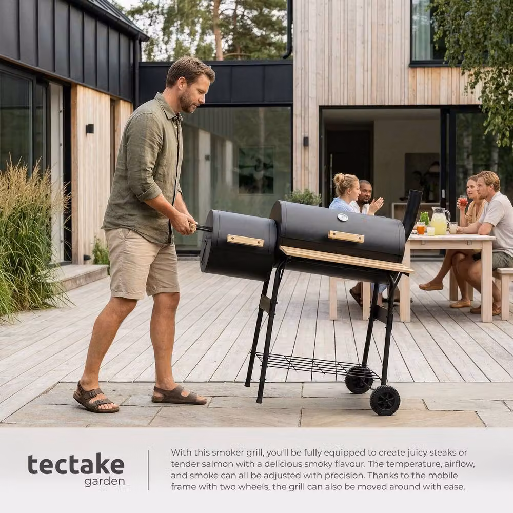 tectake 2-in-1 Charcoal Grill Smoker with Thermometer and 2 Chambers, Black, W/D/H: 116.0 x 110.0 cm – 7