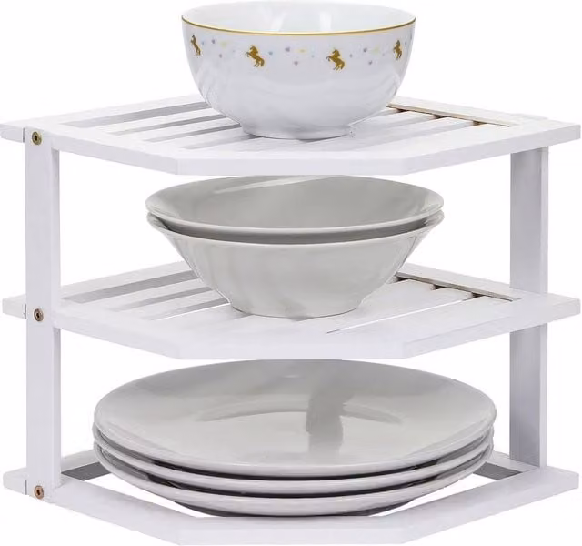 Kelvenix White 3 Tier Bamboo Corner Kitchen Plate Rack