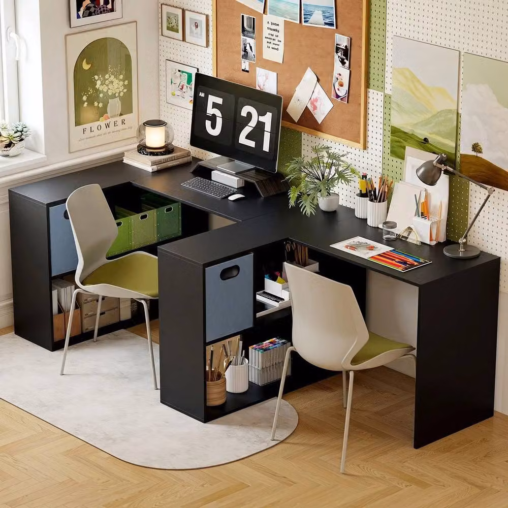 FORGEVIO Black L-Shaped Corner Computer Desk with Fabric Drawer – 5