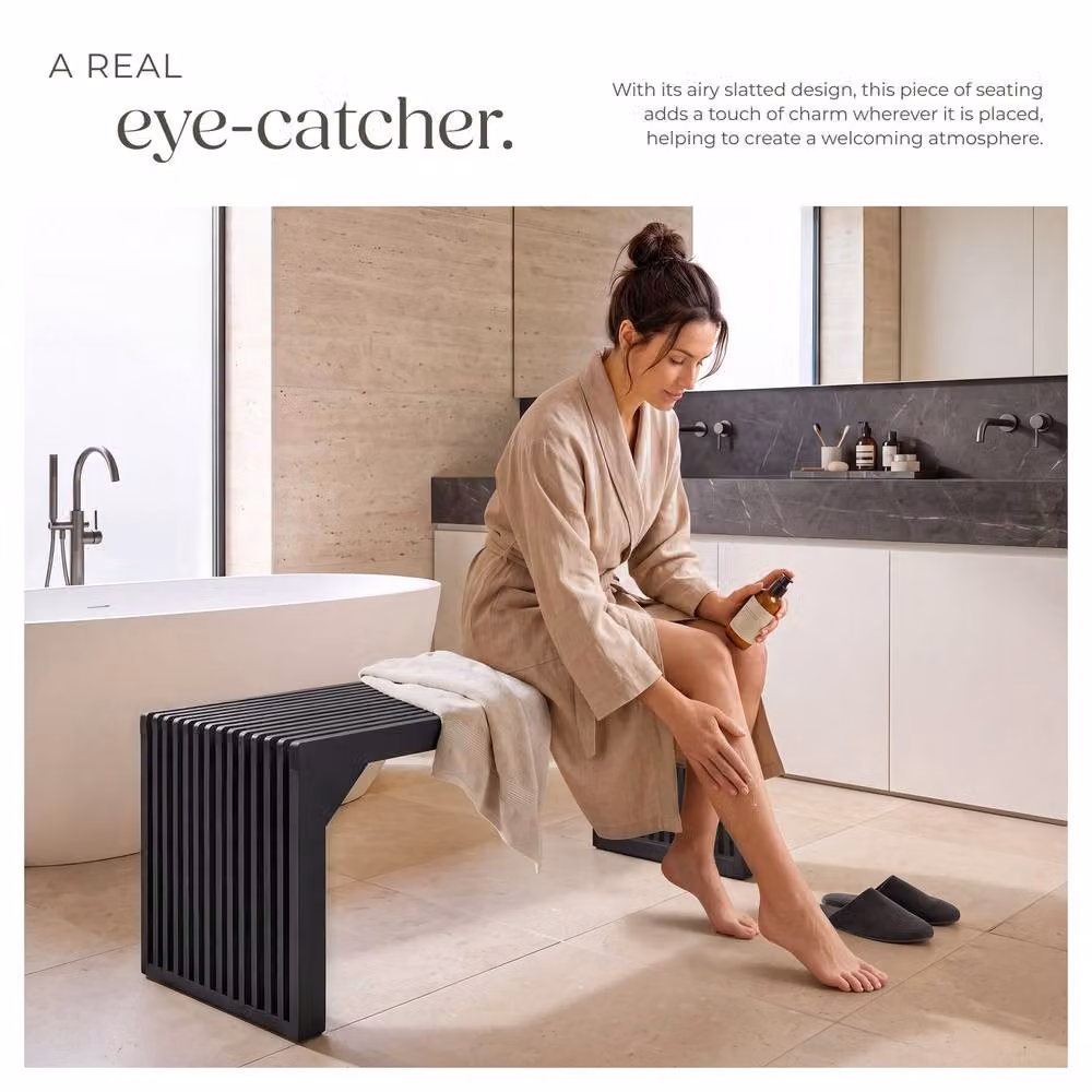 tectake Ribb XL Slatted Stool or Bench in Black with Bamboo Wood Design – 4