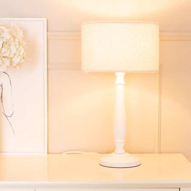 ValueLights Victoria White Wood Candlestick Table Lamp with Cream Boucle Drum Shade, H 45.5 x W 25.5 cm