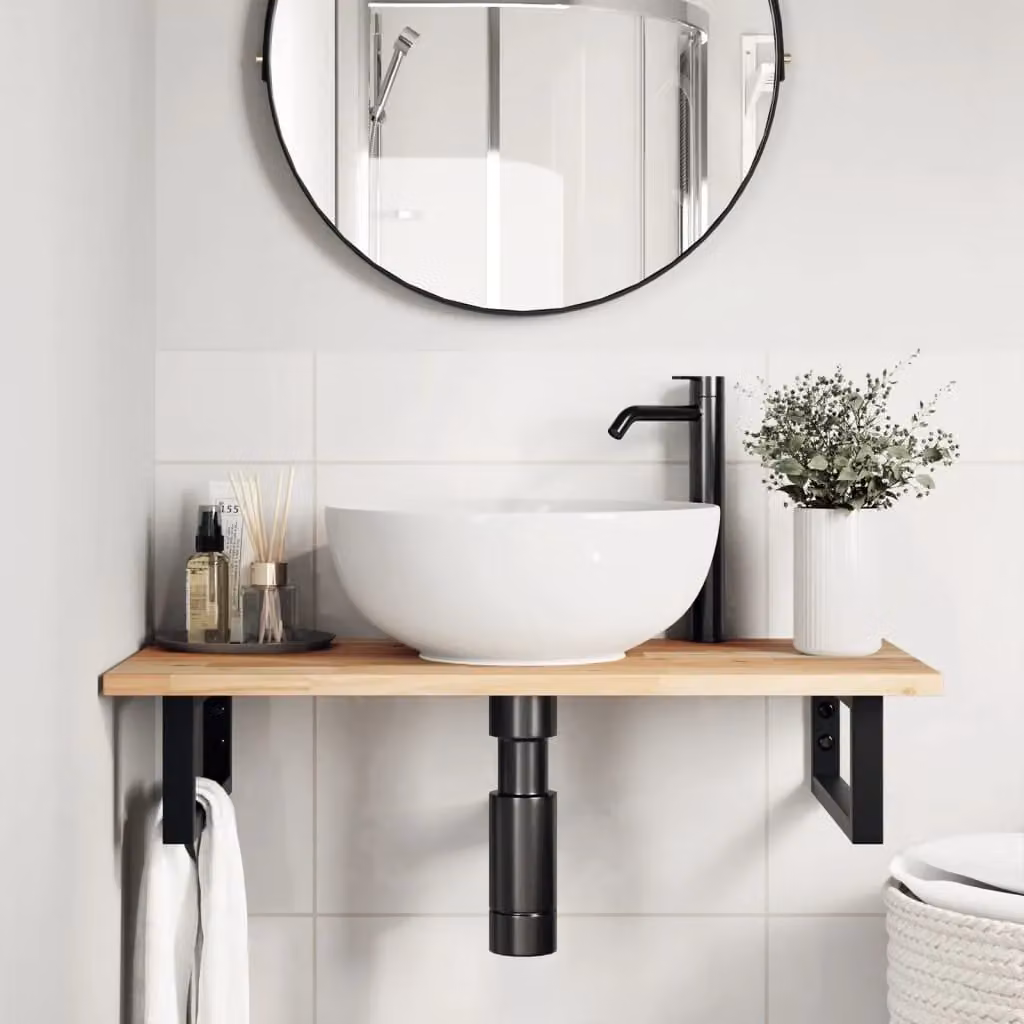 Berkfield Home Wall Mounted Basin Shelf in Brown Acacia Wood and Steel – 2