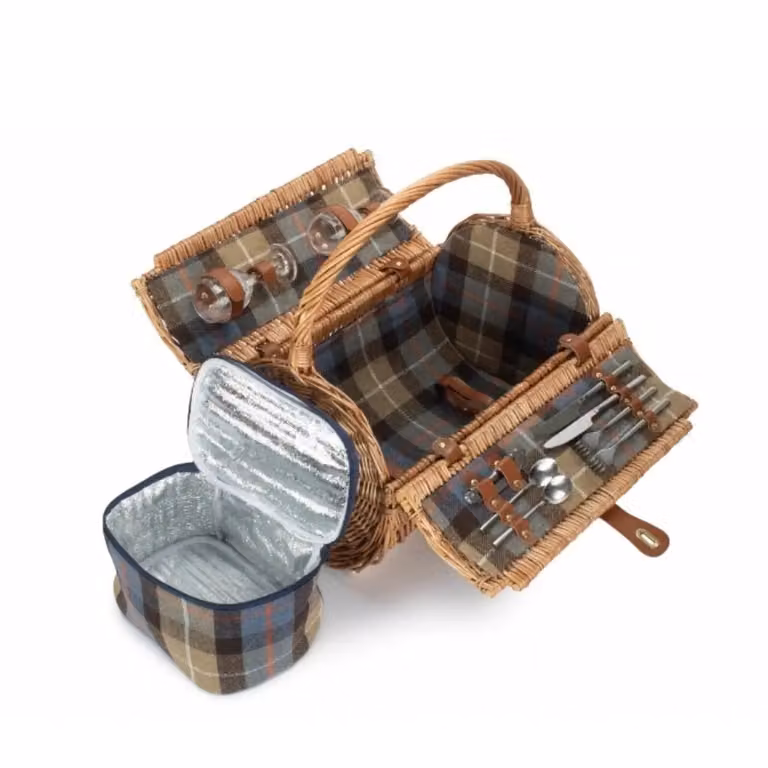 Ravenstor Barrel Fitted Wicker Picnic Basket for 2 People in Blue and Red