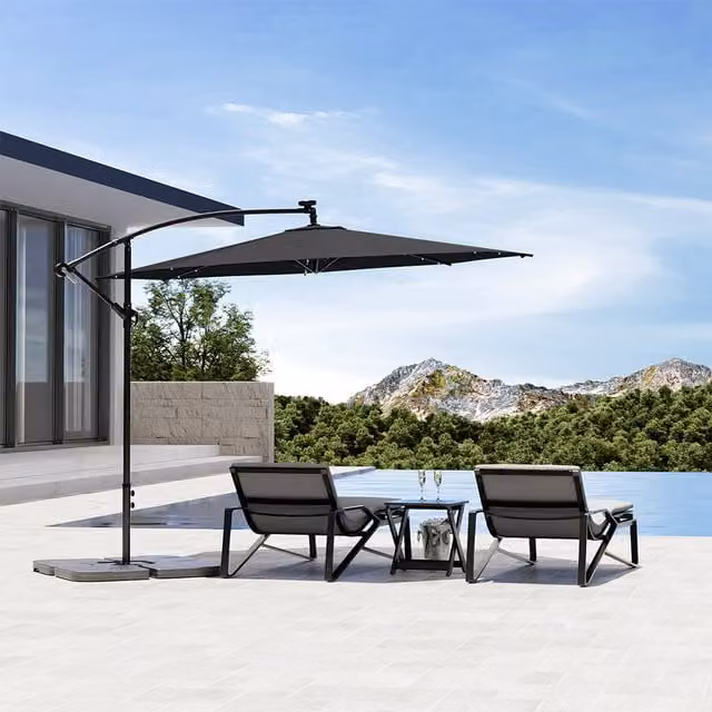 Kidkid Modern Freestanding Metal Garden Parasol with LED and Square Base in Grey and Black