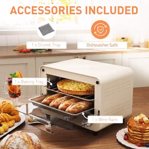 HOMCOM 12L Multifunction Mini Countertop Oven with Grill, Timer and Glass Door, White/Beige – 4