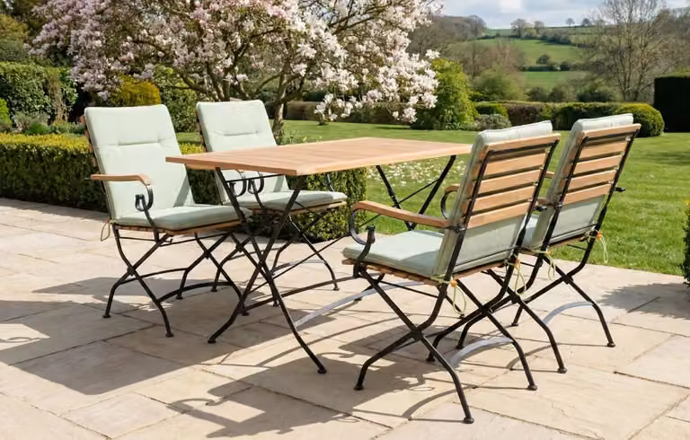 MINT Outdoor Sicily 4 Seater Teak and Wrought Iron Rectangular Garden Dining Set, Apple Green, W: 120 cm