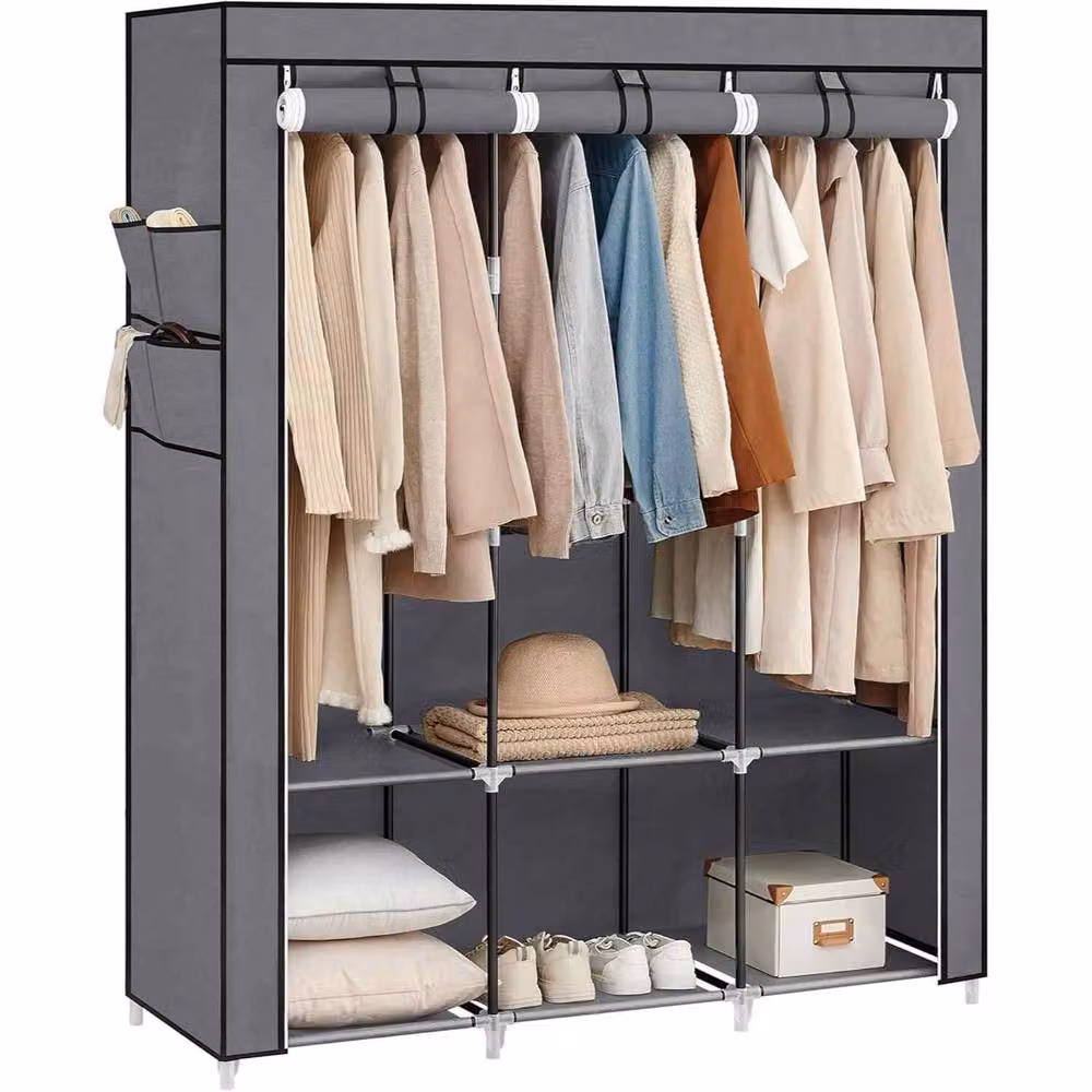 The Bazaarist Portable Fabric Wardrobe with Hanging Rod and Internal Shelves, Grey – 2