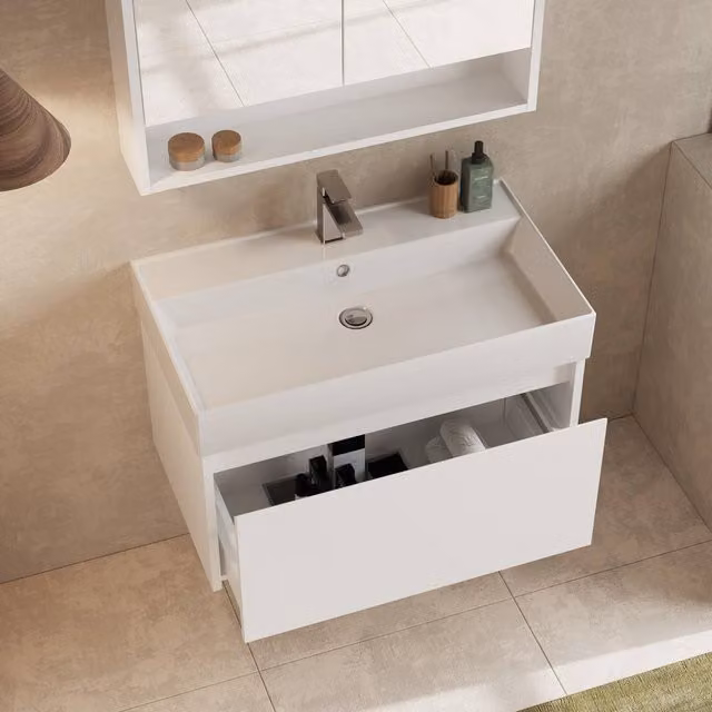Banyetti Mino Wall-Hung Vanity Unit with Basin in Gloss White, Width: 80 cm