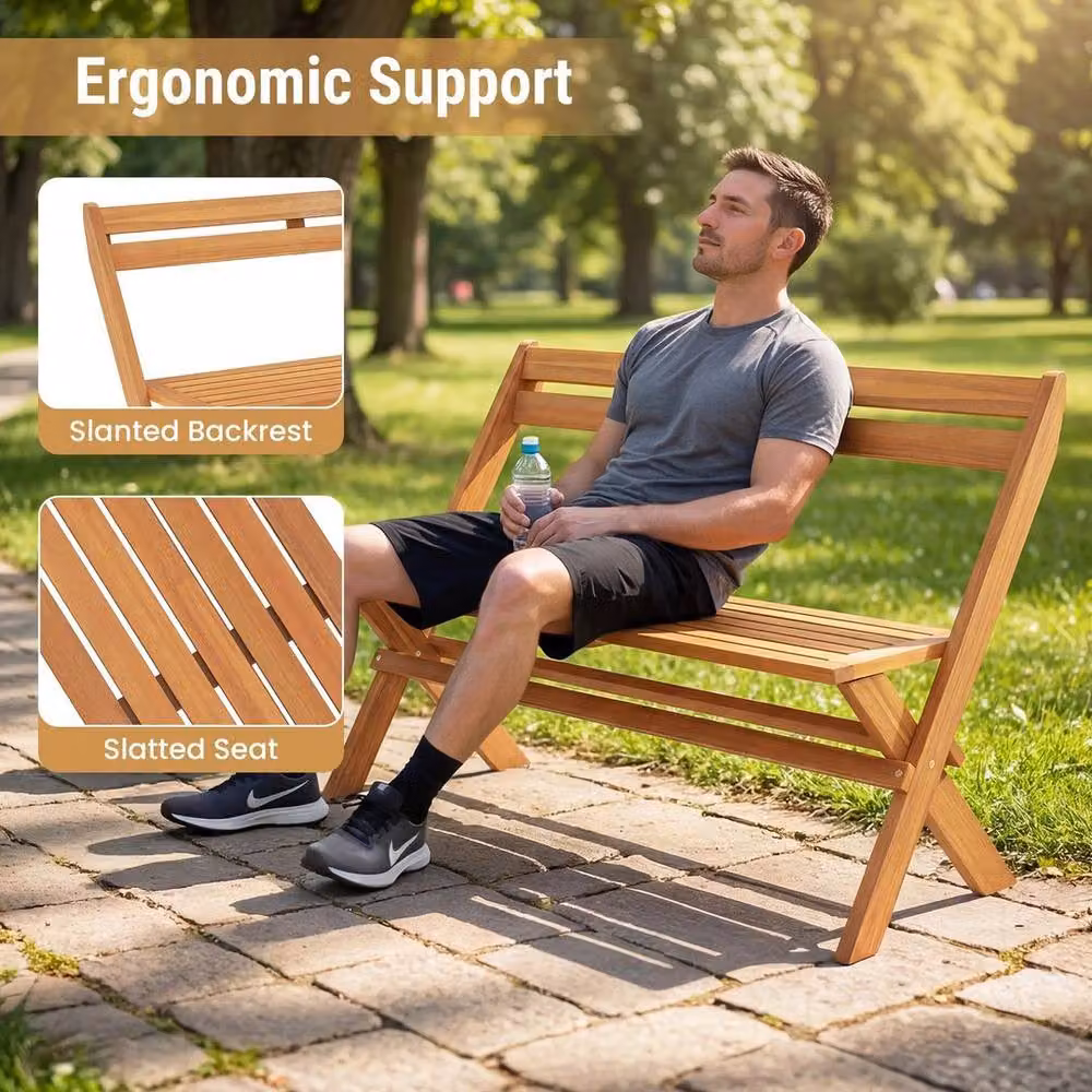 SPETLEK Brown Acacia Wood Folding Outdoor Bench for 2 Adults – 4