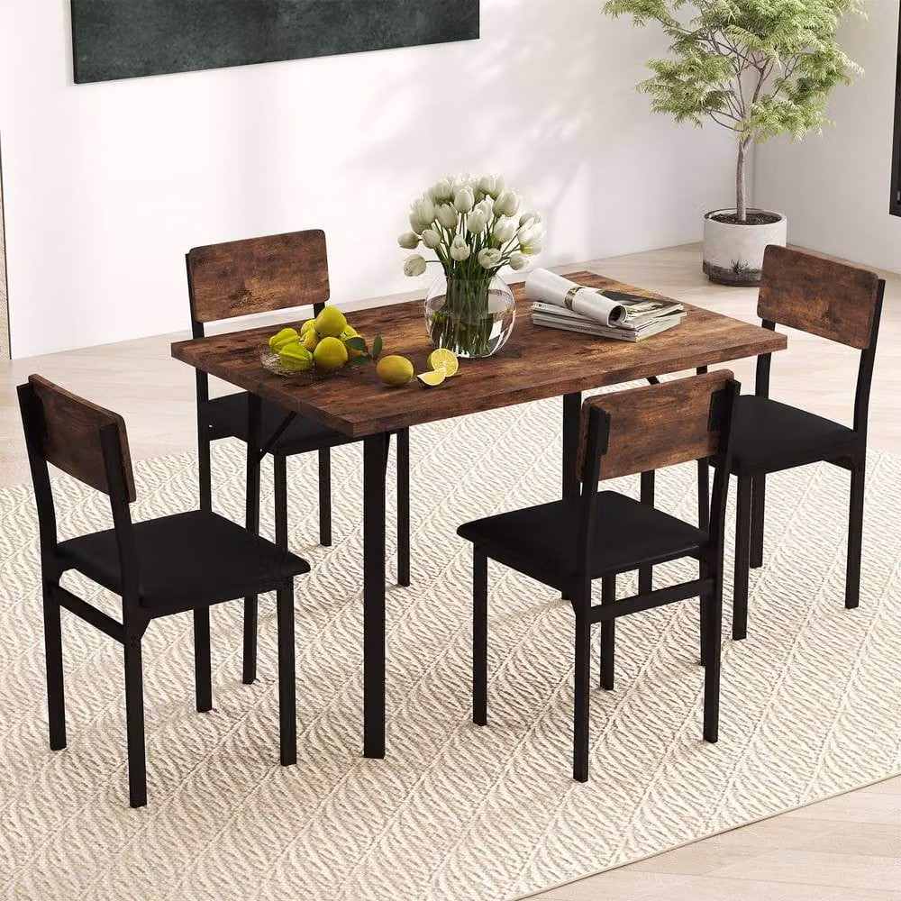 Costway Industrial 5-Piece Dining Set with Rectangular Table and 4 Upholstered Chairs in Brown – 5
