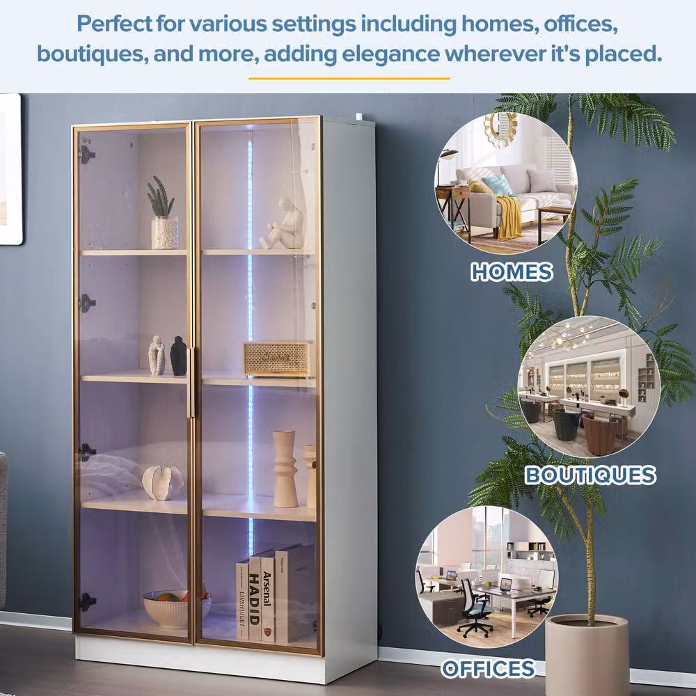 FENCHILIN 4-Tier LED Display Cabinet with Tempered Glass Doors, White, H: 160 cm, W: 80 cm, D: 40 cm – 3