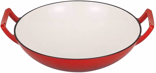 Garden Sanctuary Enamelled Cast Iron Stir-Fry Pan Wok in Red