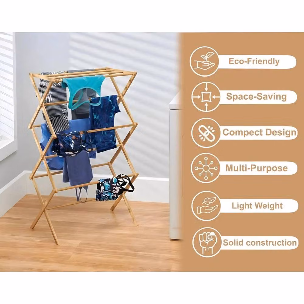 PAWNORA 3-Tier Foldable Bamboo Clothes Airer in Natural Brown – 2