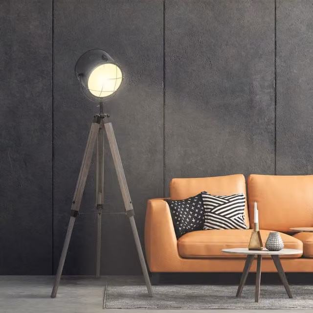HOMCOM Industrial Tripod Floor Lamp in Grey with Pine Wood Finish and Height Adjustable Design