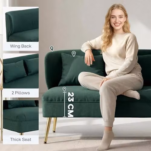 HOMCOM 2 Seater Wing Back Loveseat in Green Fabric with Scatter Cushions, W: 117 cm – 5