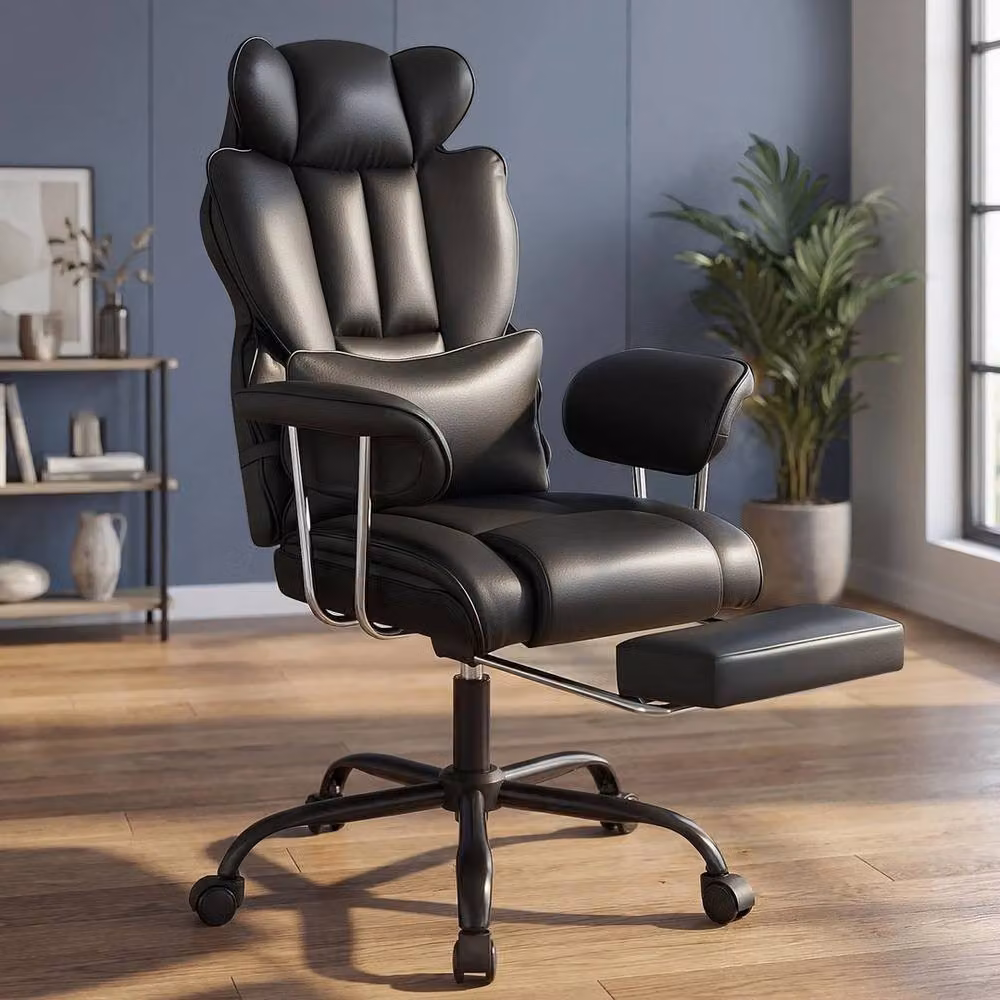 NESTLUNE Black Heavy Duty Executive High Back Office Chair with Headrest and Synthetic Leather Finish – 4