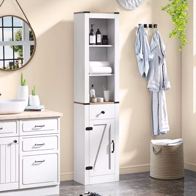 Gymax Slim White Tall Bathroom Storage Cabinet with Hinged Doors and Internal Shelves, Height: 173 cm