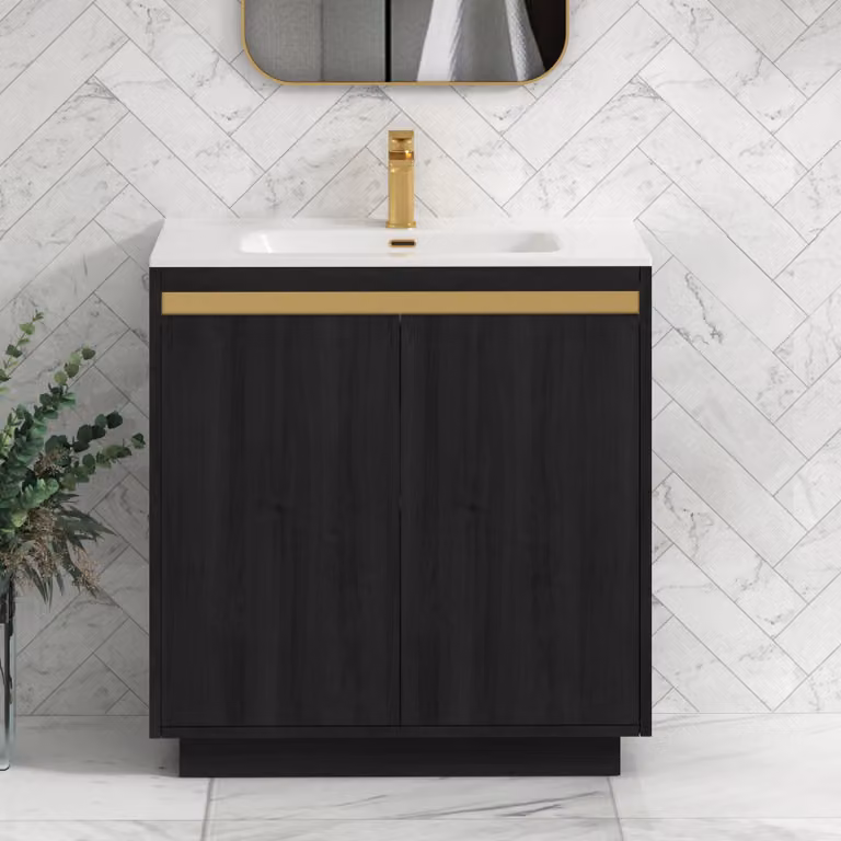 Royal Bathrooms Orion 800mm Floor Standing 2 Door Vanity Unit in Matt Black with Ceramic Basin and Brushed Brass Accent Trim