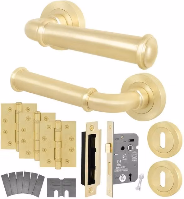 AFIT Satin Brass Fire Door Handle and Key Lock Set with Gold Hinges